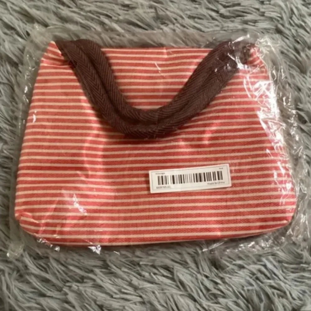 Foldable Insulated Lunch Bag Red/White stripes New